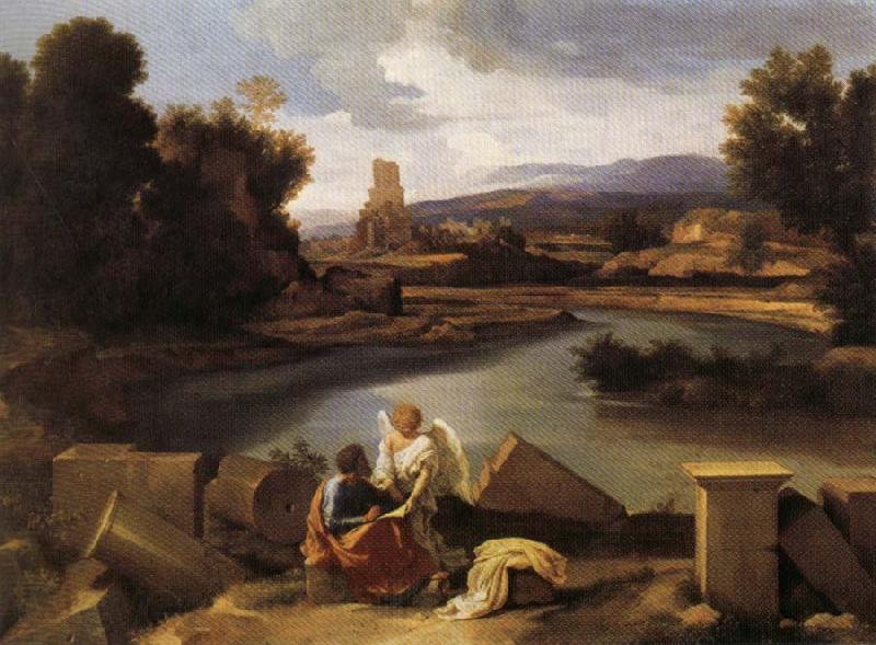 POUSSIN, Nicolas Landscape with Saint Matthew and the Angel Spain oil painting art